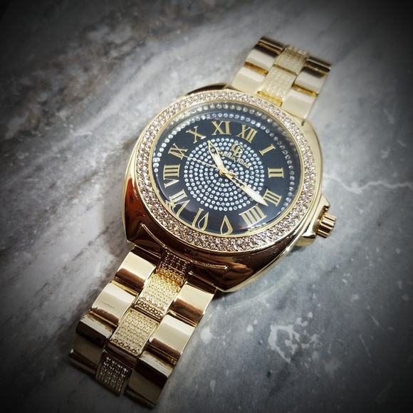 PrimoBling Other - 14k Gold Plated Black Face 2 Row Iced Out Watch